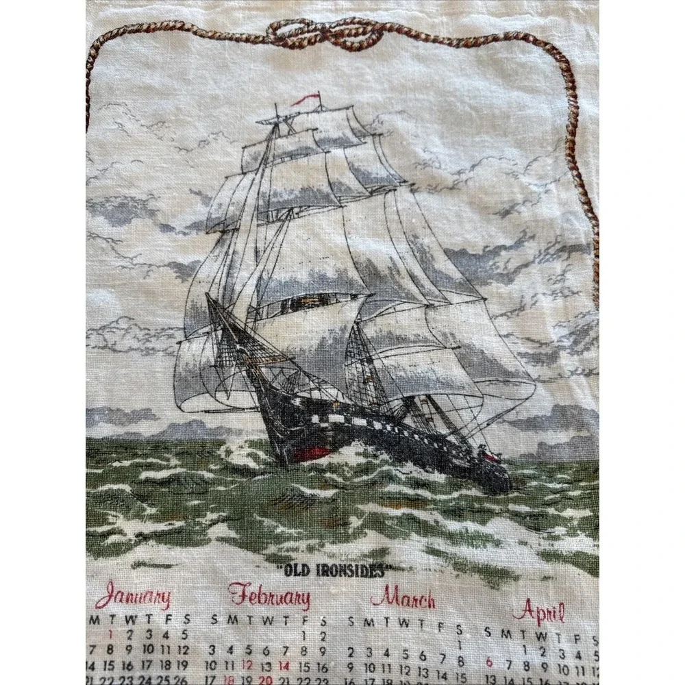 VTG Linen Tea Towels‎ Lot 2 Calendar 1980-81 Winter Country & Clipper Ship